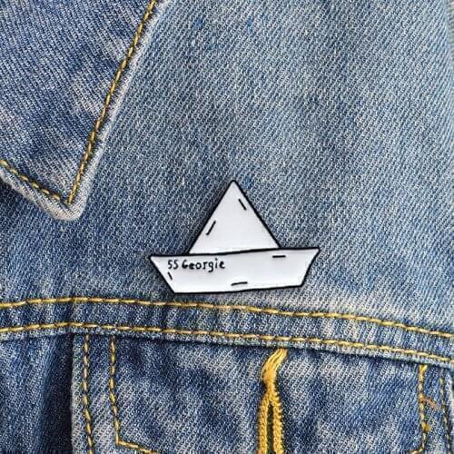 Cartoon "SS Georgie" Paper Folding Boat Brooch Simple White Paper Boat Enamel Pins badge kid friends jewelry bag hat accessories