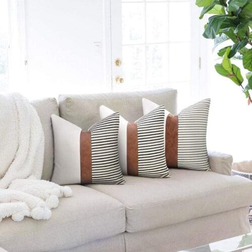 Set of 2 Farmhouse Decor Stripe Patchwork Linen Boho Throw Pillow Covers, Modern Pillow Covers 18X18 Inch