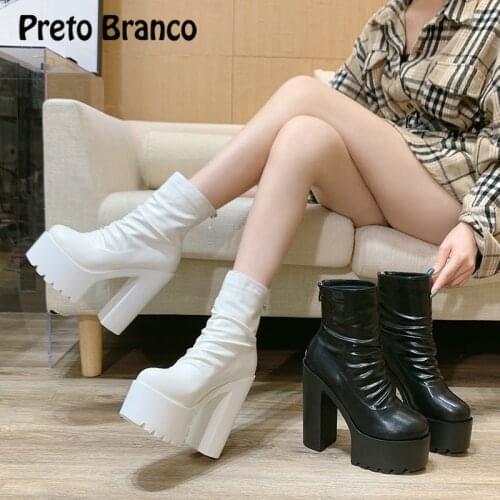 PRETO BRANCO 2021 Heel Ankle Boots Womens Heel Catwalk Performance Waterproof Platform Back Zipper High Heels ZYW