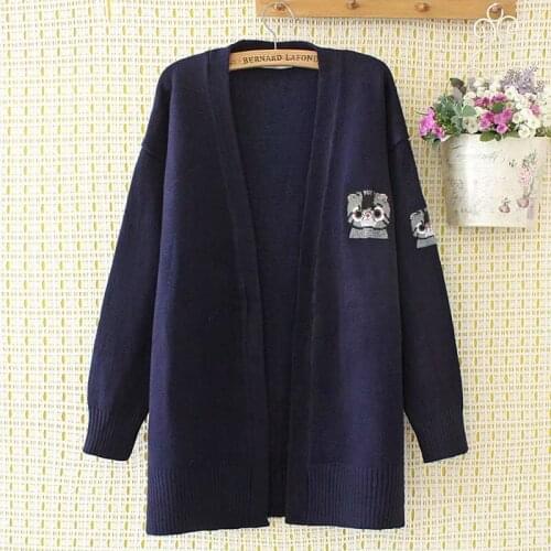 Plus Size 2XL-4XL Womens Red Navy Blue Autumn Winter Cardigan Oversized Cute Cat Embroidery Outerwear