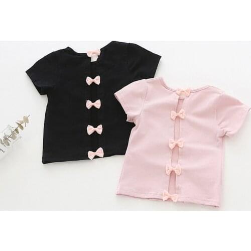 Sweet ribbon bowknot backless girls shirt summer short sleeve kids blouse toddler baby tops children jackets clothes 0-4Yrs