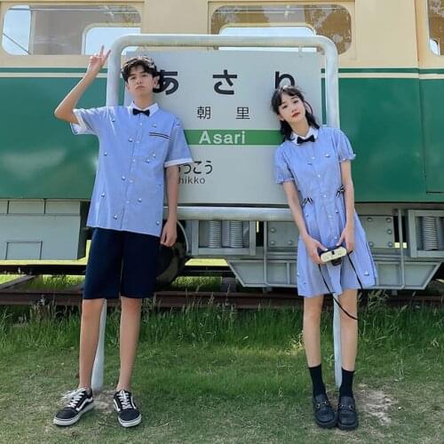 New couples wear striped plaid small fresh print shirt couples clothes couples clothing