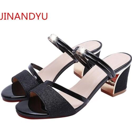 Summer Sandals Women Shoes Black Heels Bling Ladies Shoes Sliver Chunky Heels Fashion Woman Slippers Sexy Sandal Woman Pumps