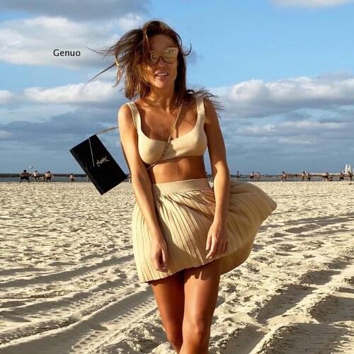 Sexy Backless Halter Crop Top and Skirts Pleated Matching Set Club Fashion Outfits Solid Knitting Womens Set