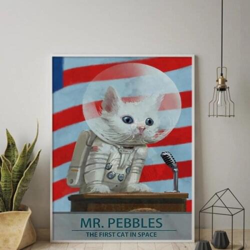 Modern Funny Poster The First Cat In Space Cartoon Animal Cat Astronaut Canvas Painting Wall Art Home Decoration for Living Room