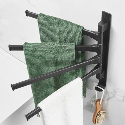 Nordic Towel Rack Black Rotating Towel Bar Space Aluminium Activity Towel Rack Wall-hung Punching-free Bathroom Storage Rack