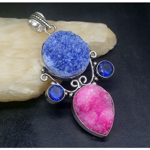 Gemstonefactory Jewelry Big Promotion 925 Silver Natural Druzy Shiny Blue Topaz Women Ladies Gifts Necklace Pendant 0912