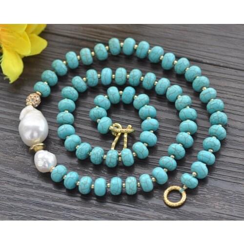 Z10767 25" 24mm Baroque White Keshi Pearl Rondelle Turquoise CZ Bead Necklace Choker