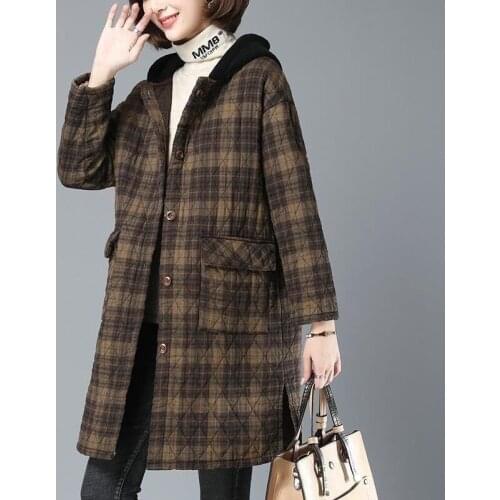 Women Hooded Plaid Parkas Vintage Button Coats 2021 Autumn Winter Clothes New Female Jacket Casual Parkas Warm Coat X644