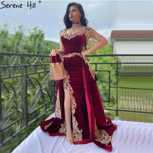 Serene Hill velvet Wine Red With Detachable Train Evening Gowns Split Luxury Tassel Sexy For Women Party 2021 LA70789
