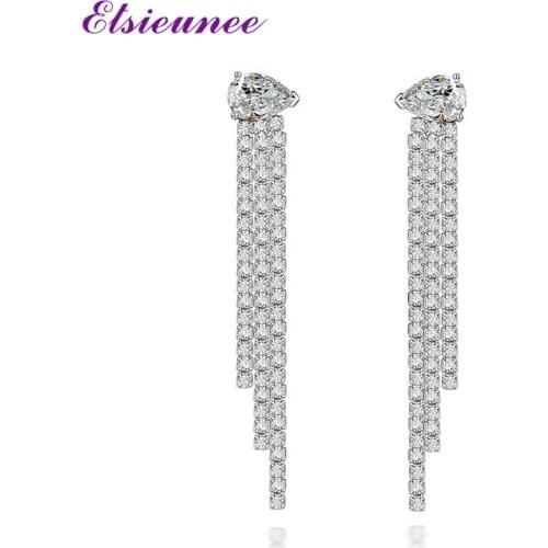 ELSIEUNEE 925 Sterling Silver Brilliant Pear Cut Simulated Moissanite Diamond Tassel Long Drop Earrings for Women Fine Jewelry