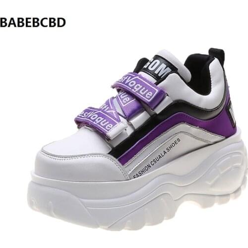 Net red PU leather small white shoes women fall 2019 new hook & loop muffin sports and leisure shoes women shoes high heel