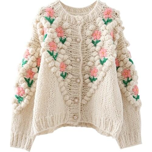 Luxury Runway Women Winter Handmade Sweater and Cardigans Floral Embroidery Hollow Out Chic Knit Jacket Pearl Beading Cardigans