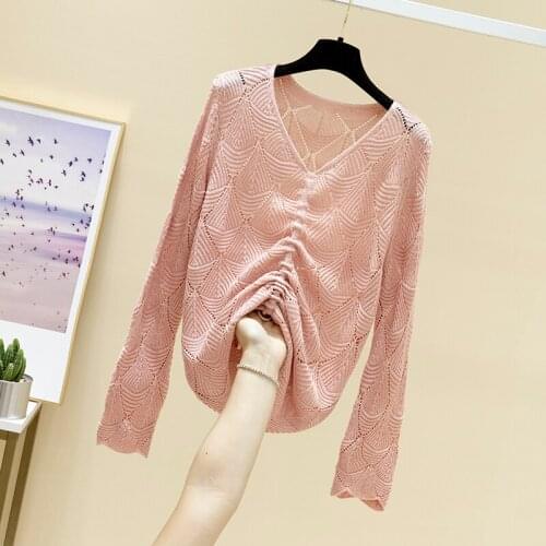 Style V-neck versatile thin knitted top bottom coat new womens fashion hollow out sweater fashion in 2021 spring