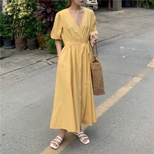 Women Summer Yellow Long Wrap Dress V Neck A-Line Bandage Solid Vestidos Robe Femme Ete Casual Sukienki Sommerkleid Jurken