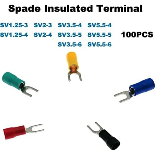 100pcs Spade Insulated Furcate crimp terminals electrical wire connector SV1.25-3~SV5.5-6 lug terminal cable ferrules 22-10AWG