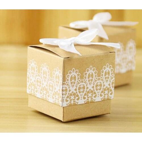 2000pcs Kraft Paper Candy with White Lace Box Ribbon Packaging for Wedding Gifts Box Baby Shower Boy Favor Boxes NO348