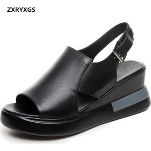 2021 New Fish Mouth Soft Genuine Leather Sandals Slippers Hick-soled Wedge Sandals Women Elegant Comfortable Shoes Trend Sandals