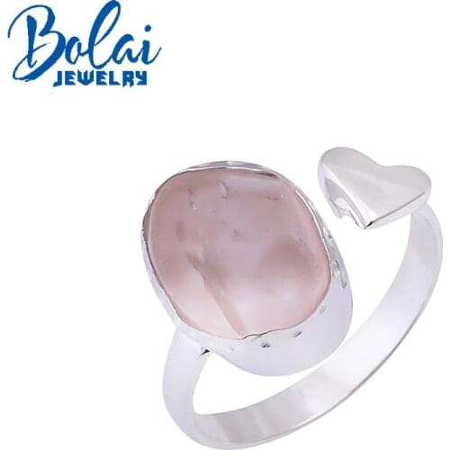 Bolaijewelry,925 sterling silver handmade natural rose quartz rough gemstone ring, unique style design fashion jewelry
