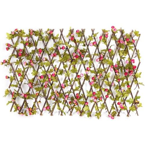 Wooden Privacy Fence With Artificial Flower Leaves Wooden Hedge with Two Colors Buds Leaves Garden Screening Expanding Trellis