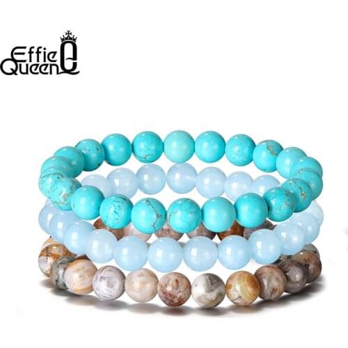 Effie Queen Unisex Stackable Set of 3 Gemstone Round Bead Bracelet for Women Men 8mm Turquoise Bead tretch Strand 3pcs/set GMB42