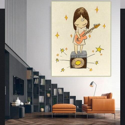 Holover Yoshitomo Nara"Guitar Girl"Canvas Oil Painting Japanese Manga Cartoon Wall Art Poster Home Decoration Aesthetic