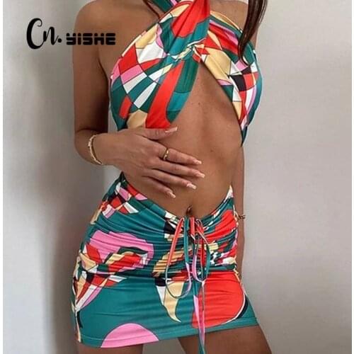 CNYISHE Print Two Piece Set Halter Multi-tie Scarf And Drawstring Skirt Women Matching Sets Tracksuit Sexy Ultimate Fall Outfits