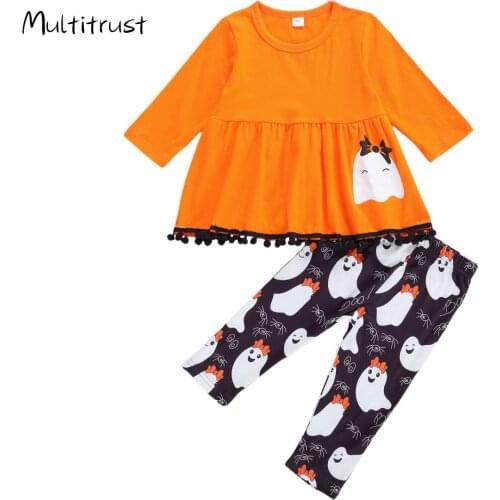 2 Pcs Infant Halloween Outfits Toddler Girl Clothes Long Sleeve Round Neck Skirt-like Top with Pompoms Cartoon Trousers