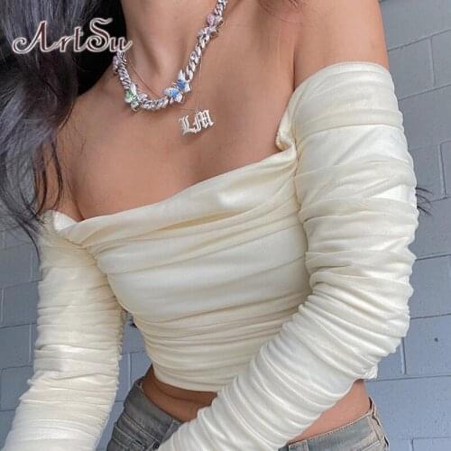 ArtSu E-Girl Sweet Off Shoulder Crop Tops Ruched Y2K Fashion Mesh Long Sleeve Sexy T-Shirt Autumn Partywear White Tees TS52532