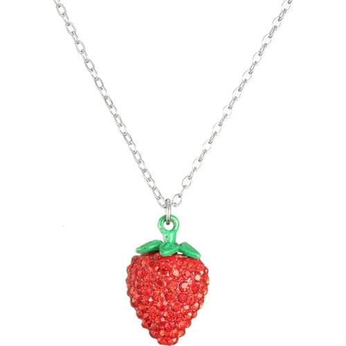 Cute Red Strawberry Pendant Necklace Clear Crystal Color Short Clavicle Choker Necklace For Girl Children Gifts Jewelry Party