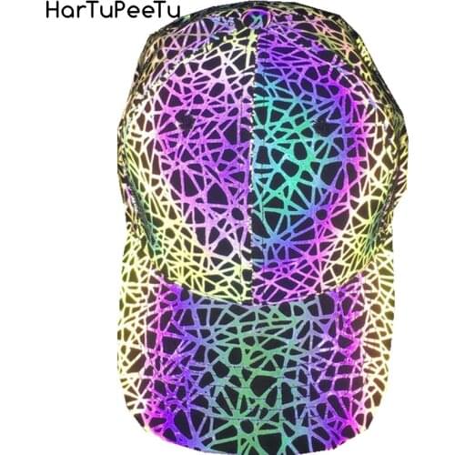 Cool Reflective Light Rainbow Baseball Cap Women Unisex Geometric Colourful Men Hip Hop Hat For Club Disco Dance Adjustable Size