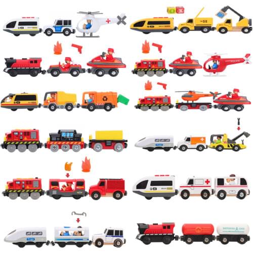 Electric Train Set Toys Connected with Wooden Tracks Wood Car Rail Toys Set Slot Car Wooden Railway Track Kids Birthday Gifts