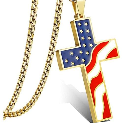 Stainless Steel USA Flag Gold Plated Cross Pendant Necklace American Porcelain Christianity Jewelry Amulet Wholesale Free Ship