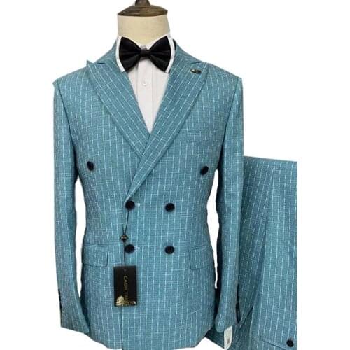 Newest Mens suit striped blue double-breasted Closure collar Side split 2021 four seasons two-piece light luxury business suit
