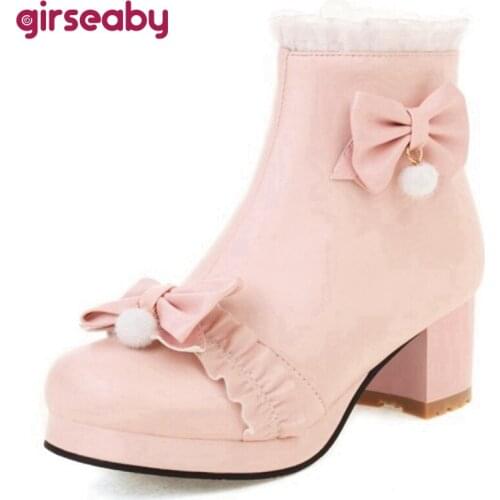 Girseaby Lolita Autumn Winter Ankle Short Boots Round toe Chunky Heels Zip Lace Bow Ladylike Small Big Size 30-43 Party S2473