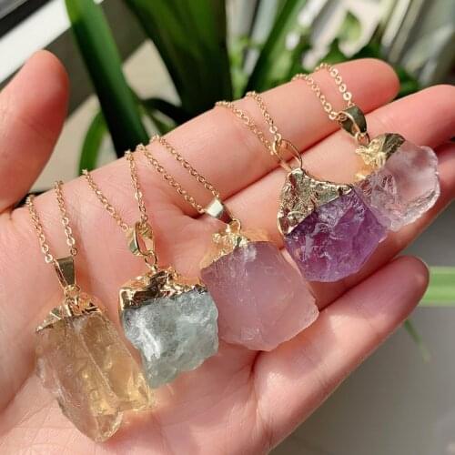 Reiki Healing Rock Nuggets Natural Stone Pendant Necklaces Rose Purple Crystal Clear Quartz Fluorite Obsidian Amethysts Necklace