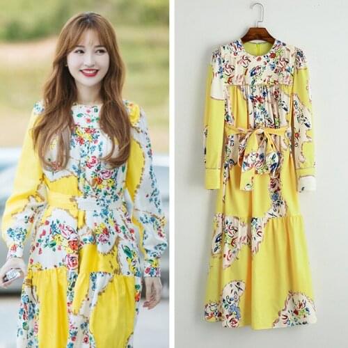 Floral Print Yellow Dress Women Vestidos 2021 New Round Neck Long Sleeve Dress Ladies A-line Midi Dress for Vacation Holiday