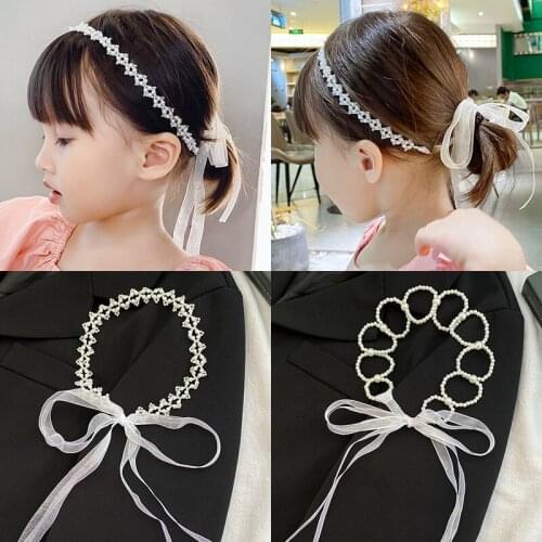 Fashion Organza Lace Pearl Crystal Headbands Necklace for Girls Women DIY Hair Band Garland Turban Bandage Hair Accessories