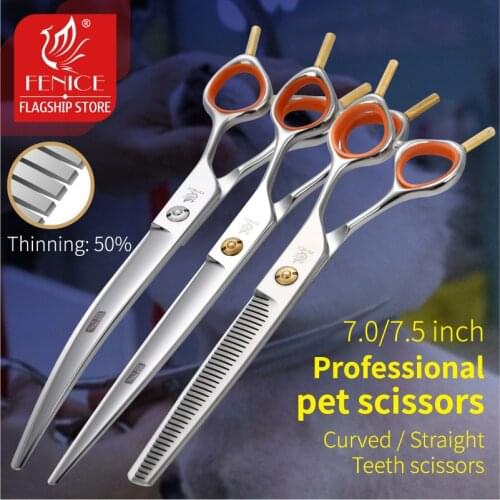 Fenice 7/7.5 Inch Professional JP 440C Pet Grooming Scissors Set Dog Shears Set Cutting Thinning Curved Scissors With Comb