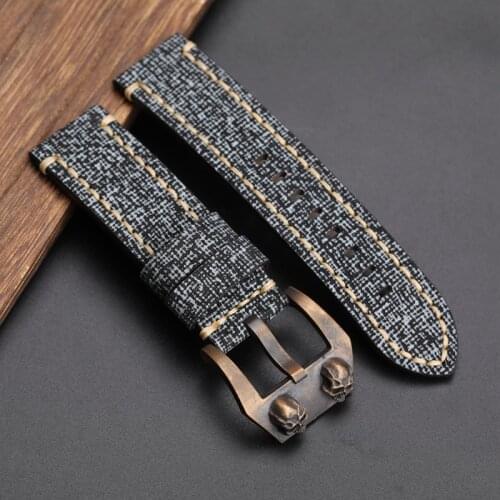 Handmade Watchband Canvas Grain Leather Strap, Bronze Buckle + First Layer Cowhide 20 22 24 26MM Mens Bracelet