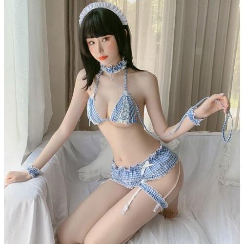 Anime Sexy Cosplay Lingerie Micro Bikini Bra and Panty Set Underwear Kawaii Maid Outfit Blue and White Stripper Outfit Dancewear