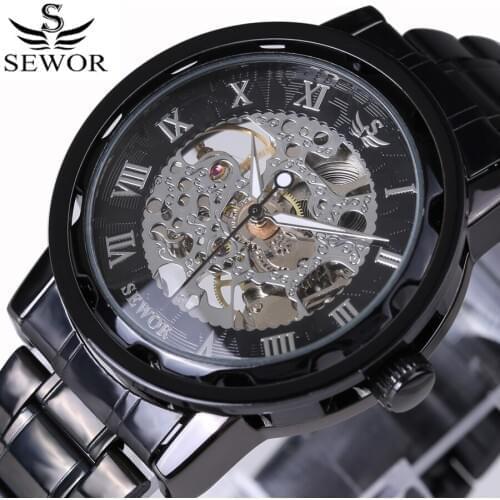 SEWOR Classic Retro Roman Number Black Steel Transparent Movement Case Mens Mechanical Watch Top Brand Luxury Skeleton Watch