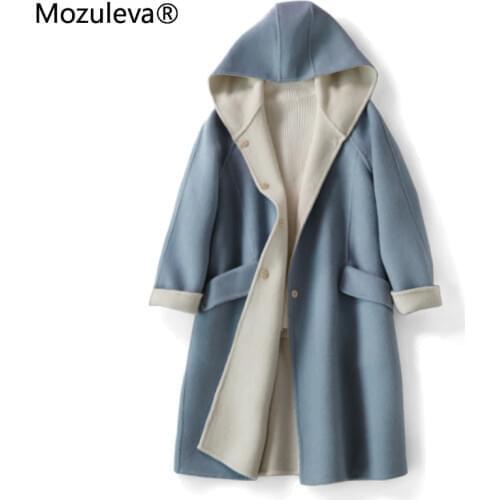 Mozuleva Winter New Elegant Womens Two-Tone Double-Faced Woolen Mid-Length Wool Overcoat Hooded Dark Buckle Woolen Coat Women