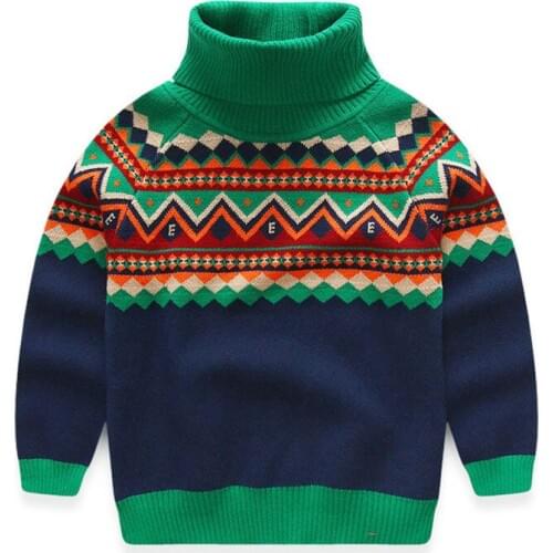 2020 Winter Warm 3 4 6 8 10 12 Years Color Block Thickening High Neck Knitted Handsome Teenage Turtleneck Sweater For Kids Baby