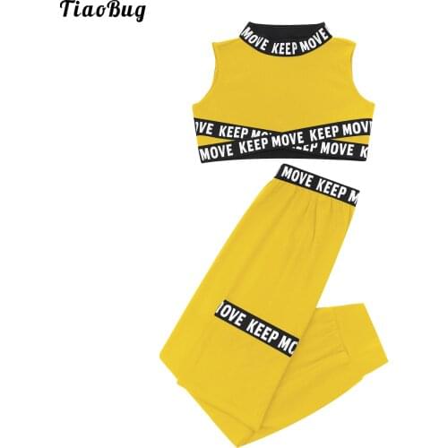 TiaoBug 2Pcs Kids Girls Sport Suit Round Neck Sleeveless Letters Printed Crop Tops And Leggings Set Tracksuit For Gym Jazz Dance