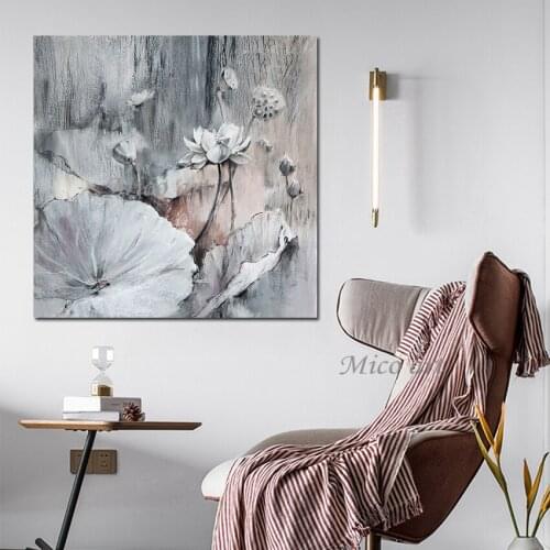 Unframe New Arrival 100% Handmade Oil Painting With A Square Lotus Pattern The Color Gray Oil Painting On Canvas Home Decoration