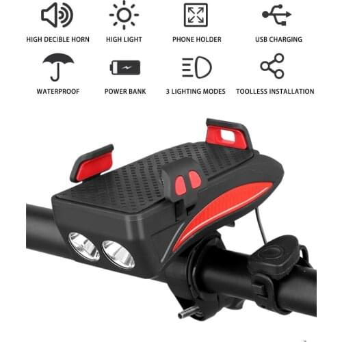 Bike Phone Mount USB Rechargeable Light Set Adjustable Bicycle Holder Handlebar with Horn,Built in 4000mA Cellphone Power Bank
