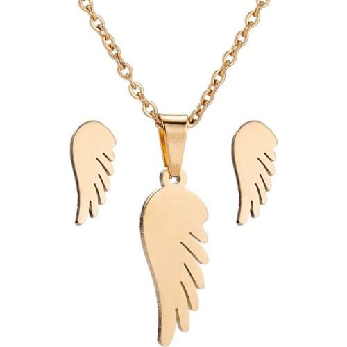 WANGAIYAO New Feather Necklace Set Stainless Steel Feather Necklace Earring Set Three-piece Jewelry Female Temperament Fashion J