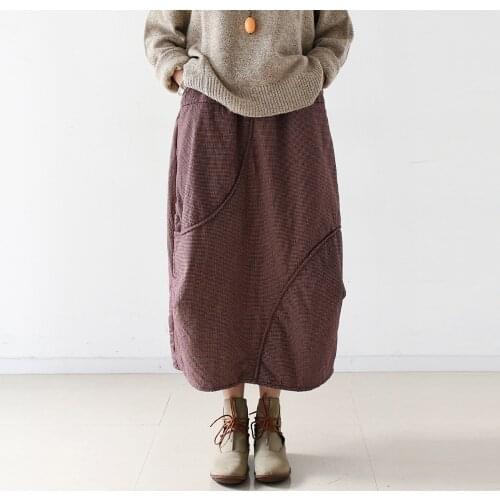 Free Shipping 2019 New Fashion Long Mid-calf A-line Skirts For Women Elastic Waist Autumn And Winter Cotton Linen Plaid Skirts