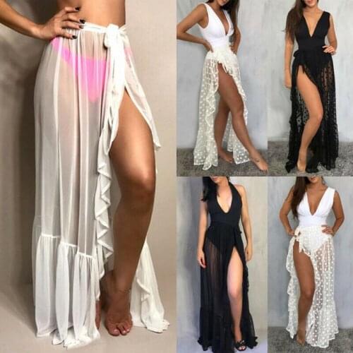 Women Boho Sexy Casual High Waist Polka Dot/Solid Color See Through Lace Up Beach Bathing Bikini Cover Ups Wrap Split Skirts